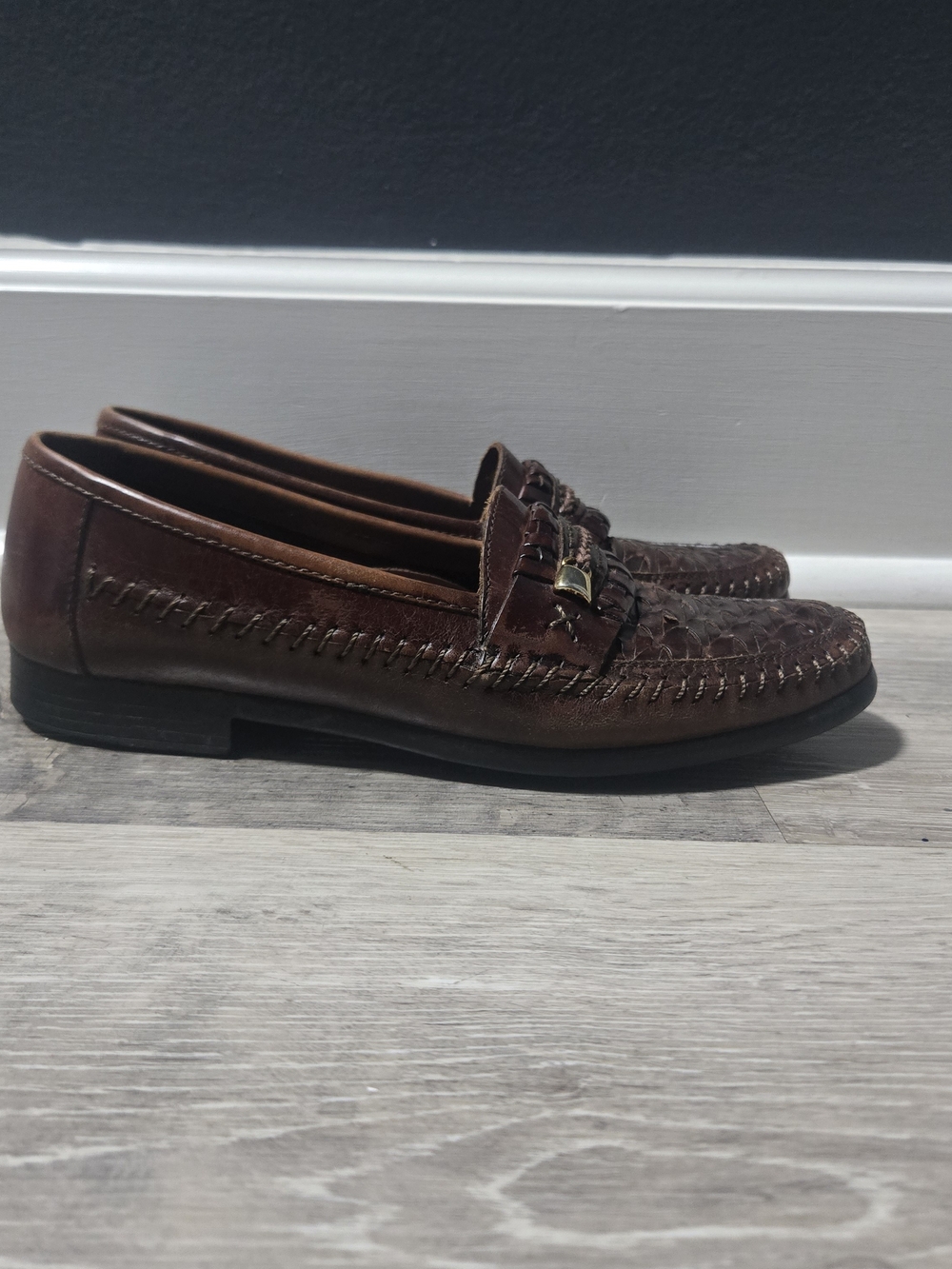 Stacy Adams Vintage Woven Brown Leather Moc Toe Preppy Loafers Men's 7 Wmns 8.5